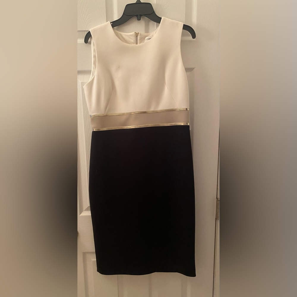 Calvin Klein Black and Cream Dress with Gold Trim